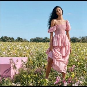 LoveShackFancy pink floral tiered smocked midi dress